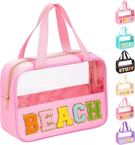 Miniatura 12 de Eurovicky Bolso de Maquillaje Transparente con Letras de Chenilla, Bolsa de Maquillaje de Nailon Preppy con Asa y Cremallera, Bolsa de Viaje