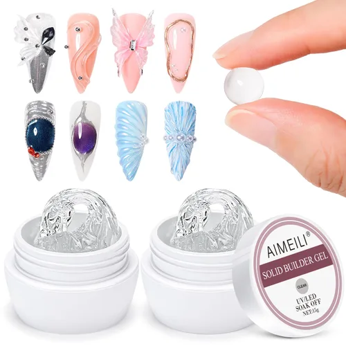 AIMEILI Gel de uñas sólido sin hema, 2 unidades, libre de crueldad, vegano, gel duro transparente para uñas, geles de escultura 3D, no pegajoso,