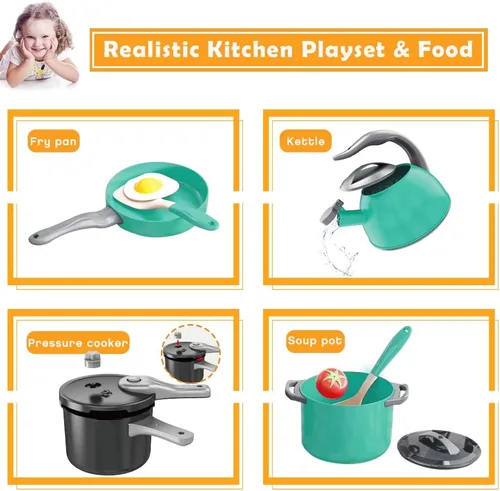 Miniatura 5 de Bruvoalon Juego de 32 juguetes de cocina para niños, accesorios de cocina con ollas, sartenes, utensilios de cocina, alimentos, verduras enlatadas