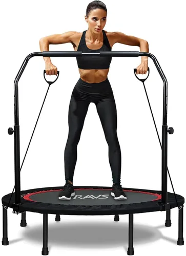 RAVS Mini Trampolín para Niños y Adultos de 40"/48" Plegable de Fitness Reboteador Trampolín para Niños con Manija Ajustable en Altura de 5 Niveles