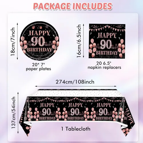 Miniatura 2 de 41 piezas de decoraciones de 90 cumpleaños para mujeres, platos y servilletas de 90 cumpleaños en negro y oro rosa, juego de vajilla de feliz
