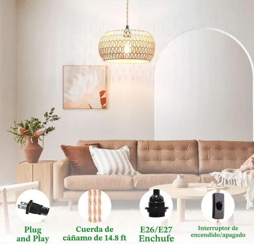 Miniatura 2 de Lámpara colgante de ratán con interruptor de encendido/apagado, pantalla tejida de ratán, lámpara colgante enchufable para sala de estar, Drum