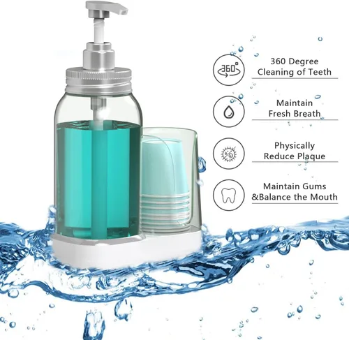 Miniatura 6 de Dispensador de bomba de enjuague bucal de 25 onzas, recipiente de enjuague bucal con soporte para tazas, decantador bucal recargable con 8 vasos