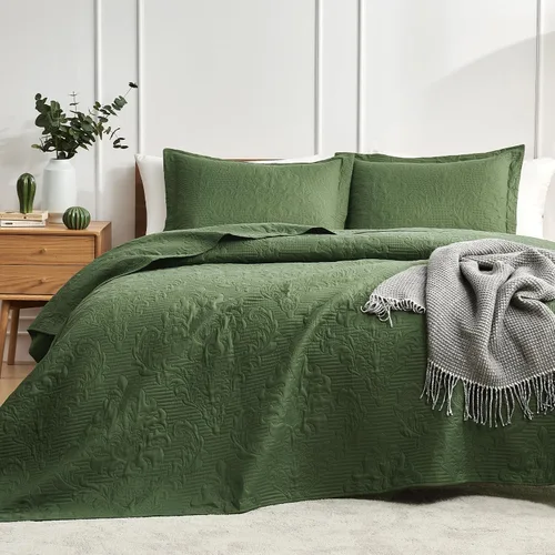 Hansleep - Juego de edredón de tamaño King en verde oliva - Colcha de damasco ultrasónica para todas las estaciones, juego de ropa de cama suave y