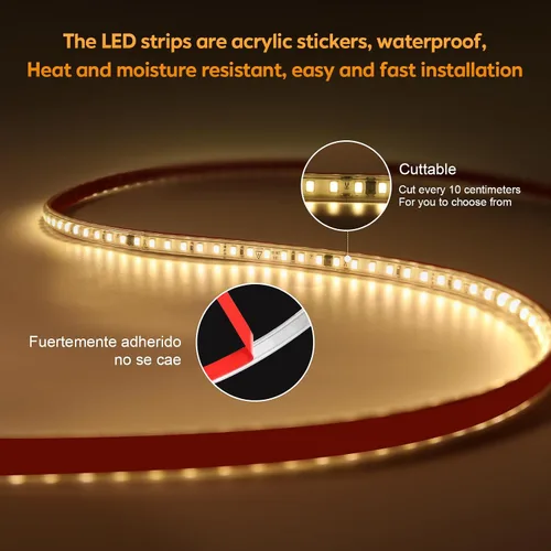 Miniatura 3 de Tira de luces LED AC 110V 2 metros blanco cálido 3000K SMD 2835 cinta LED cortable 6.56 pies adhesiva IP67 impermeable 120 voltios 2M