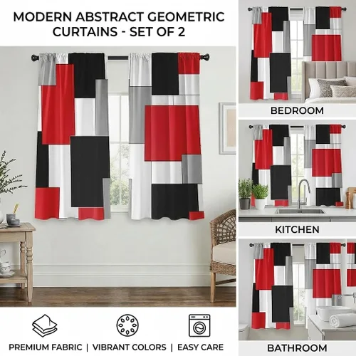 Miniatura 5 de Cortinas negras y rojas para sala de estar, 63 pulgadas de largo, cortinas geométricas modernas, blancas y grises, cortinas abstractas con bolsillo