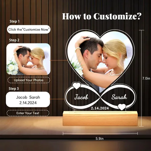 Miniatura 2 de Regalos personalizados de aniversario para parejas: placa acrílica personalizada con imagen, marco de fotos en forma de corazón para regalo