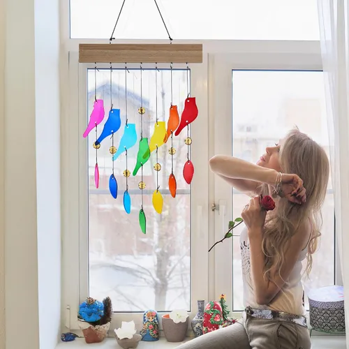 Miniatura 5 de Campanas de viento de vidrio coloridas para jardín y patio al aire libre - Campana de viento con diseño de pájaro hecha a mano, regalo perfecto