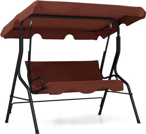 Miniatura 15 de RELAX4LIFE Silla columpio para porche para 3 personas, columpio para exteriores con toldo ajustable, cojín extraíble y soporte de marco de metal