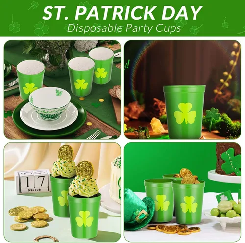 Miniatura 7 de Patelai 32 vasos de plástico para fiesta del día de San Patricio, 16 onzas, reutilizables, de trébol de la suerte, para fiestas del día de San Verde