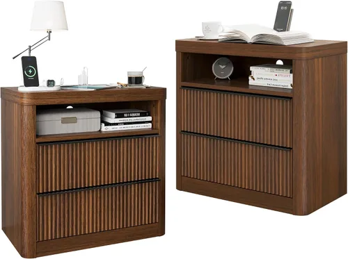 Juego de 2 mesitas de noche acanaladas con cajón, mesita de noche grande y moderna con puerto USB y tomacorriente, mesita de noche de mediados de