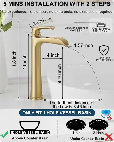 Miniatura 6 de Grifo para fregadero de recipiente, grifo de baño alto de latón en cascada, 1 manija, grifos dorados para mueble de baño, 1 agujero con drenaje