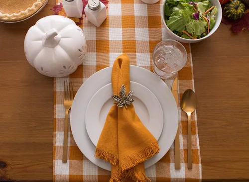 Miniatura 5 de DII - Colección de mesa con flecos pesados y cuadros, camino de mesa, 14x72 pulgadas, calabaza y especias Naranja