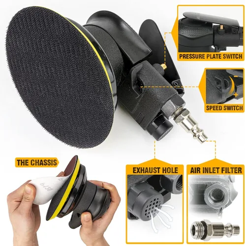 Miniatura 2 de Autolock Lijadora orbital aleatoria de aire de 5 pulgadas, lijadora neumática para coche de palma para pulidora de madera, trabajo de carrocería