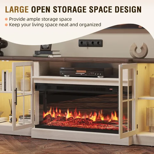 Miniatura 4 de Mueble de TV de estilo granja de 98" con chimenea de 36" para televisores de hasta 100", centro de entretenimiento multimedia con estantes Blanco
