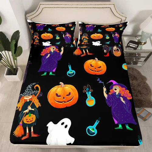 Miniatura 35 de Juego de ropa de cama de Halloween con patrón de sombras kawaii, sábana bajera tamaño queen, decoraciones de calabaza, luces de calabaza góticas