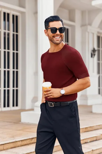 Miniatura 3 de Runcati Camiseta casual para hombre, elástica, de manga corta, de punto, ajustada, cuello redondo, suéter básico