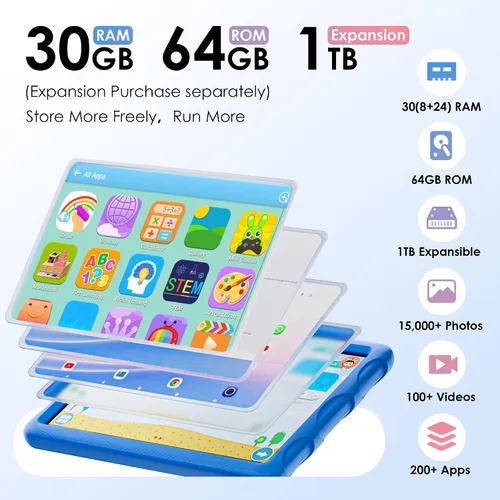 Miniatura 3 de Tablet Android 15 2026, tableta de 10.1 pulgadas con funda a prueba de caídas, 30 GB (8 + 22 GB) RAM+64 GBROM/1 TB expandir, 800 x 1280HD, pantalla