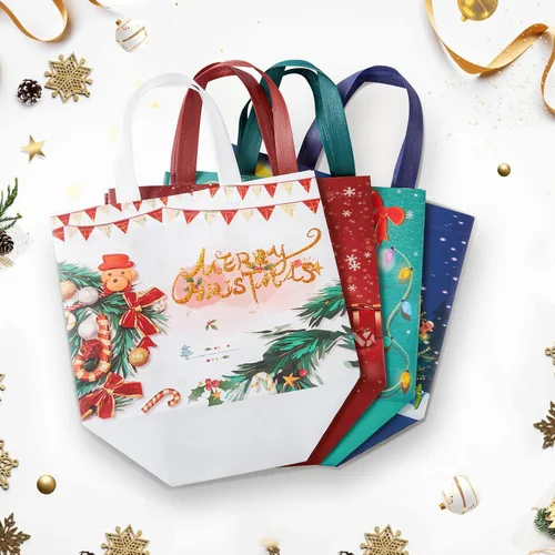 Miniatura 8 de YANGTE Paquete de 16 bolsas de Navidad con asas, bolsas de regalo no tejidas, 12.8" 9.8" 6.7" 16-Pack De