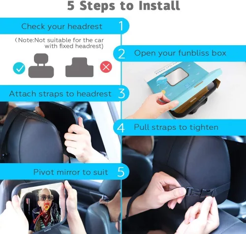 Miniatura 9 de Funbliss Espejo de coche para bebé, monitor de seguridad, asiento trasero para bebé, no requiere montaje, más seguro, mejor recién nacido