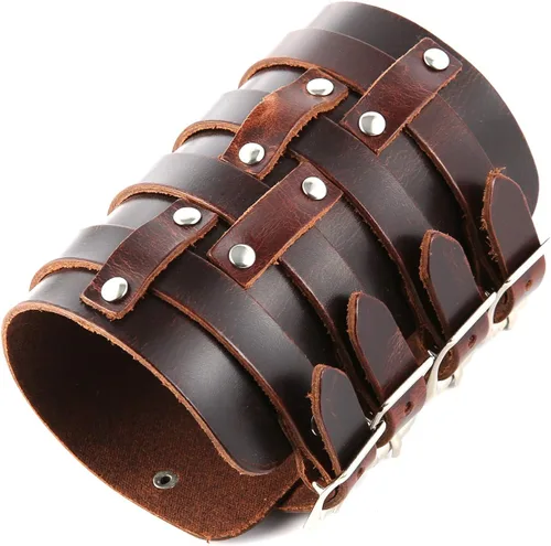 Miniatura 9 de HZMAN Brazalete ancho de cuero para hombre con correa triple y hebilla de cierre de armadura para brazo, 4 filas