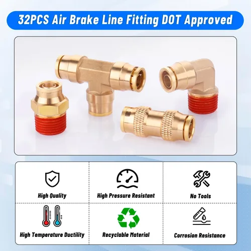 Miniatura 5 de 32 piezas de accesorios de línea de freno de aire de latón DOT surtido de 1/4" 3/8" 1/2" kit de accesorios de línea de aire de empuje para conectar