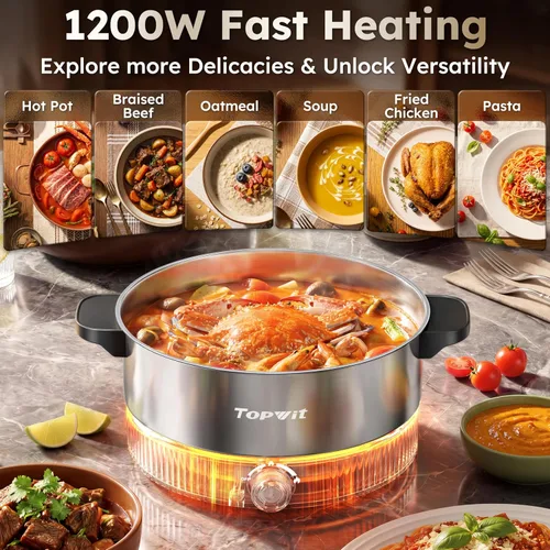 Miniatura 10 de TOPWIT Olla eléctrica de 4.5 L, olla eléctrica de acero inoxidable con ajuste de potencia doble, olla eléctrica de calentamiento rápido de 1200 W