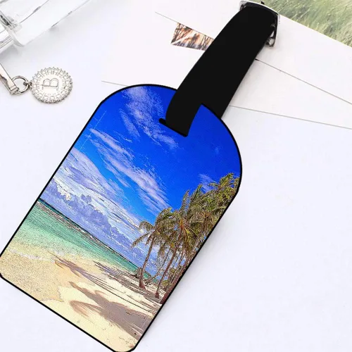 Miniatura 4 de Etiquetas de equipaje de vacaciones con nubes tropicales de playa, isla y cielo, tarjetas de equipaje de mano, de cuero, para maletas de viaje