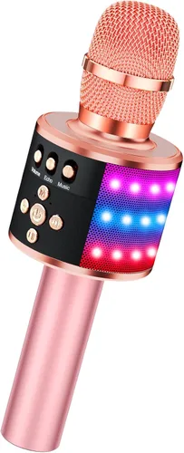 BONAOK Micrófono de karaoke para niños y adultos, micrófonos Bluetooth, micrófono para cantar con luces de discoteca, efecto eco, altavoz integrado,