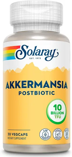 SOLARAY Akkermansia Postbiotic, Akk11, 10 mil millones de TFU, cepa beneficiosa para apoyo a la salud intestinal, vegano, sin gluten, garantía de 60
