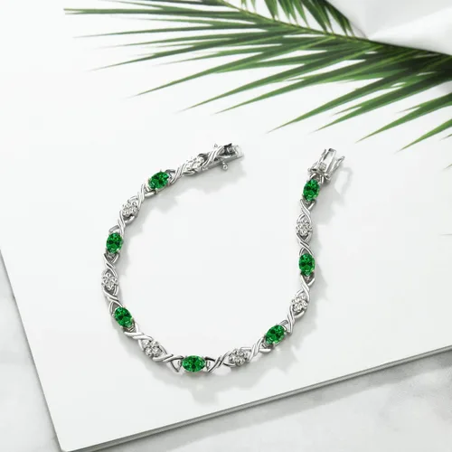 Miniatura 3 de Gem Stone King Pulsera de tenis de plata de ley 925 ovalada verde esmeralda simulada para mujer