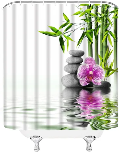 Miniatura 6 de Cortinas de ducha Zen de bambú verde flor púrpura reflejo de piedra agua paisaje spa jardín patrón impresión baño accesorios cortina juego