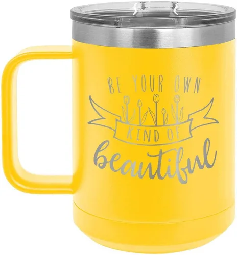 Taza de café con tapa deslizante de 13.0 fl oz, con texto en inglés "Be your own kind of beautiful", Amarillo