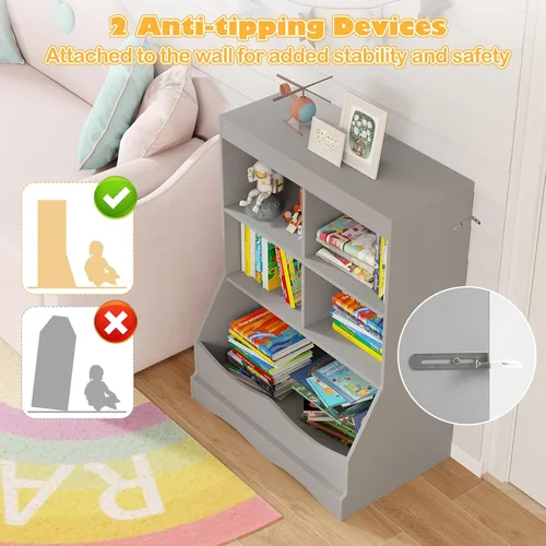 Miniatura 3 de Costzon Organizador de almacenamiento de juguetes, estantería infantil de 5 compartimentos con estribo y dispositivos antivuelcos, estantería