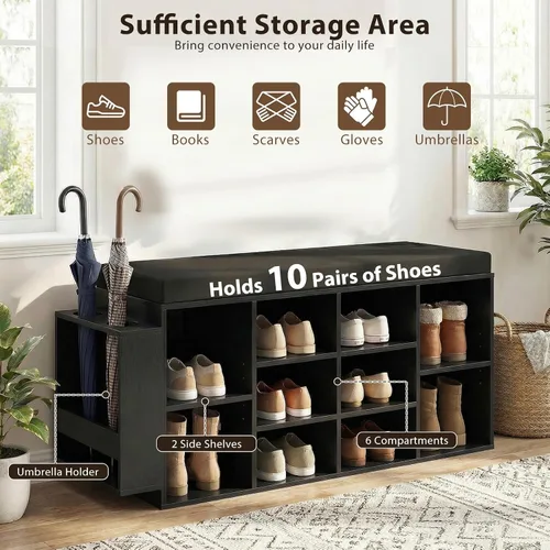 Miniatura 4 de Tangkula Banco de almacenamiento de zapatos con soporte para paraguas, organizador de zapatos de 40 pulgadas con asiento acolchado, 10 cubos y Negro