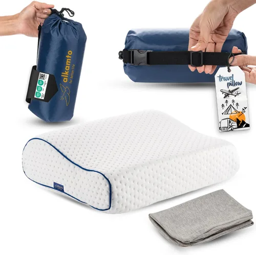 Miniatura 17 de alkamto Almohada de espuma viscoelástica cómoda para viajes y campamentos, bolsa portátil fácil de transportar, funda de almohada con regulación