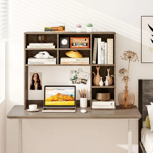 Miniatura 23 de LDAILY Desktop Bookshelf, 2-Tier Office Desk Shelf Organizer Desk Hutch with 4 Shelves, 37’’L Wood Storage Rack Display Shelf for Computer Desk