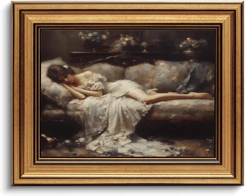 Arte de pared enmarcado en oro, arte de pared de lienzo vintage, obra de arte victoriana de mujer cansada, impresiones de cuadros de arte de estado