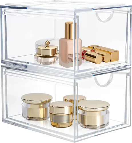 AMEITECH - 2 unidades de organizador de cajones transparentes y apilables, organizador de maquillaje para el baño, contenedores de almacenamiento de