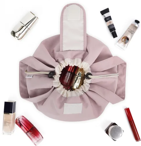 Miniatura 7 de Bolsa de maquillaje con cordón en forma de barril, bolsa grande de cosméticos, organizador de artículos de tocador para mujeres, Rosa polvoriento