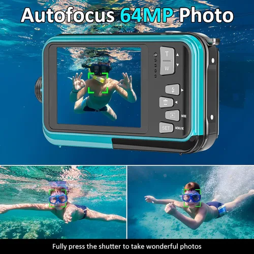 Miniatura 4 de Cámara subacuática 4K de 16 pies Cámara impermeable con tarjeta de 32 GB, enfoque automático de 64 MP, cámara submarina selfie de doble pantalla