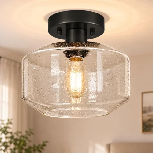 Miniatura 10 de DSMJFU - Lámpara de techo semiempotrada negra, lámpara de techo pequeña vintage, accesorio de iluminación de pasillo de vidrio blanco grueso, luz