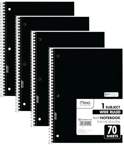 Mead Cuadernos en espiral, 1 materia, papel de rayas anchas, 70 hojas, 10-1/2 x 7-1/2 pulgadas, negro, paquete de 4 (38401)