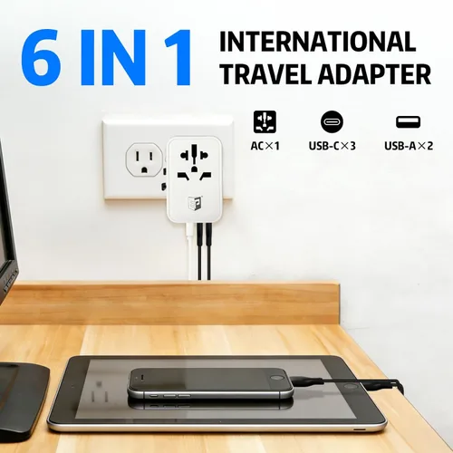 Miniatura 2 de EP Adaptador de viaje internacional de 65 W, toma de corriente universal con 3 puertos USB-C y 2 puertos USB-A, adaptador de enchufe mundial