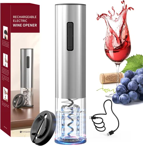 Miniatura 12 de CIRCLE JOY Juego de abridor eléctrico de botellas de vino de acero inoxidable, recargable, 8 en 1, juego de regalo de vino con base de carga, Plata