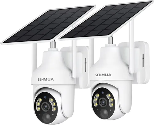 SEHMUA - Cámaras de seguridad solares 2K para exteriores, inalámbricas, 2 paquetes con visión panorámica de 360°, inclinación, WiFi, cámara de Blanco