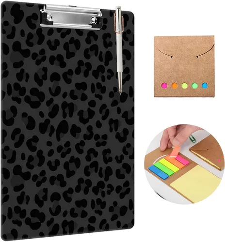 Portapapeles con estampado de leopardo negro con soporte para bolígrafo, tamaño carta A4, lindo portapapeles de plástico con clip de perfil bajo y