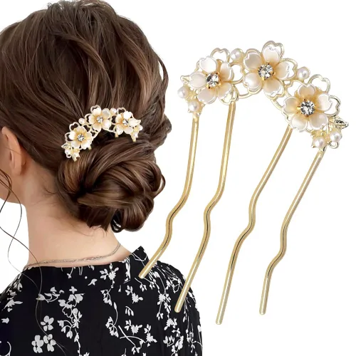 Pinzas para el pelo de flores de perlas para mujer, horquillas francesas en forma de U, horquillas doradas, horquillas de metal, horquillas