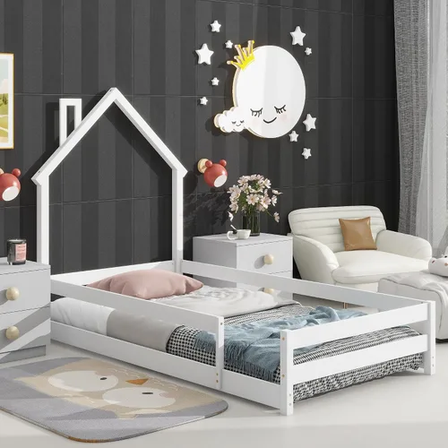 Miniatura 26 de Cama de plataforma de madera de tamaño individual con cabecero y cercas en forma de casa, sin tablillas, cama de piso para dormitorio de niños Verde