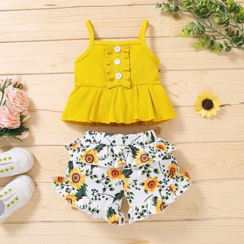 Miniatura 2 de FYBITBO Conjunto de ropa de 2 piezas para bebés y niñas pequeñas con cuello halter y pantalones cortos florales